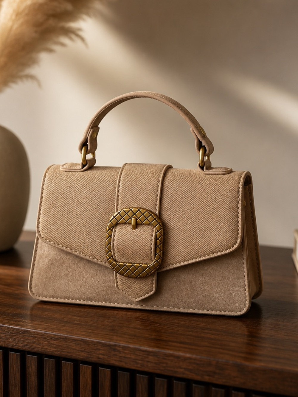 Mini Top-Handle Satchel in Taupe with Decorative Buckle